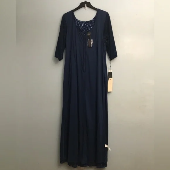 ADRIANNA PAPELL Blue and Silver Embellished Gown with Scoop Neckline - Picture 14 of 16